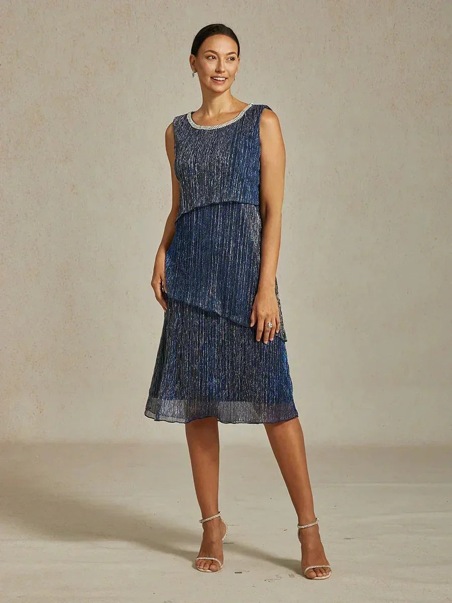 Metallisch Geplooide Chiffon Midi-jurk Met Ronde Hals Afgewerkt Met Kralen