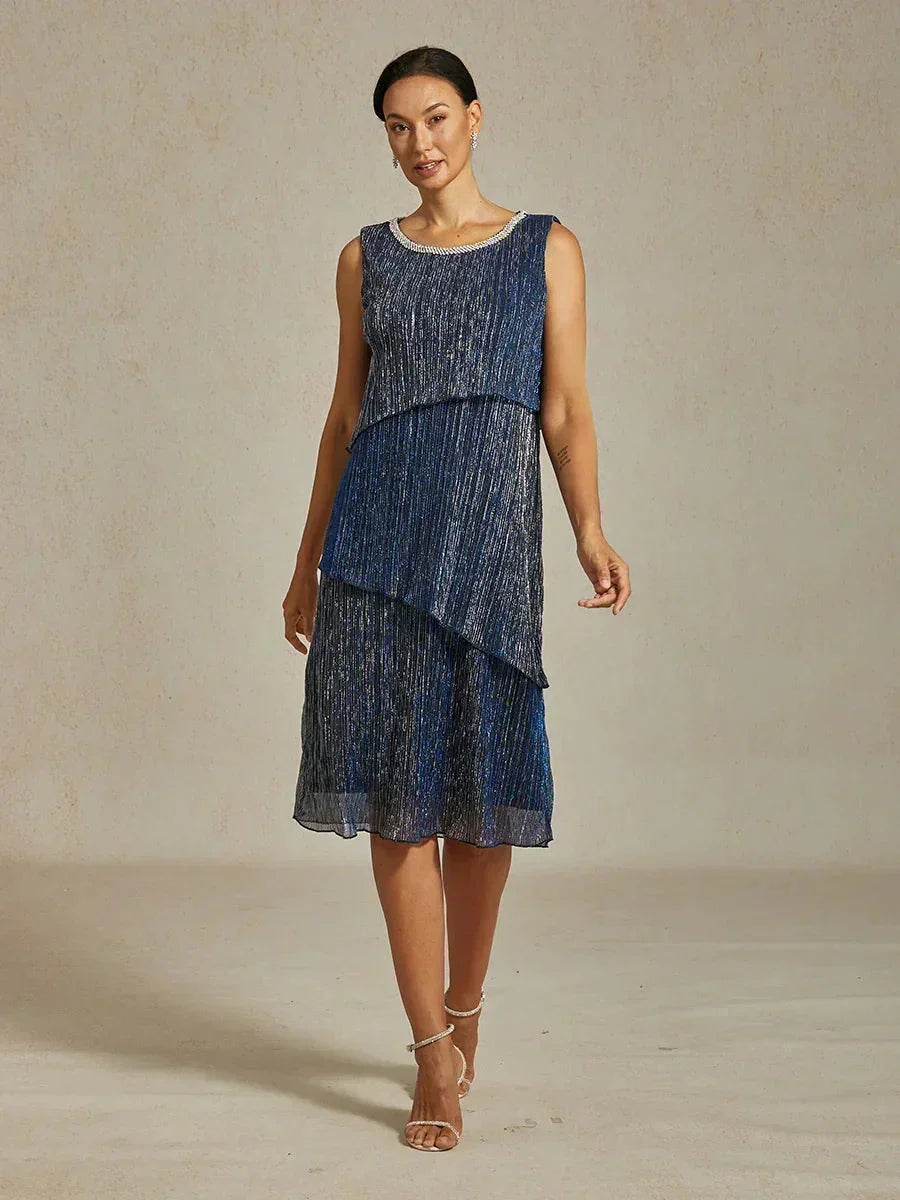 Metallisch Geplooide Chiffon Midi-jurk Met Ronde Hals Afgewerkt Met Kralen