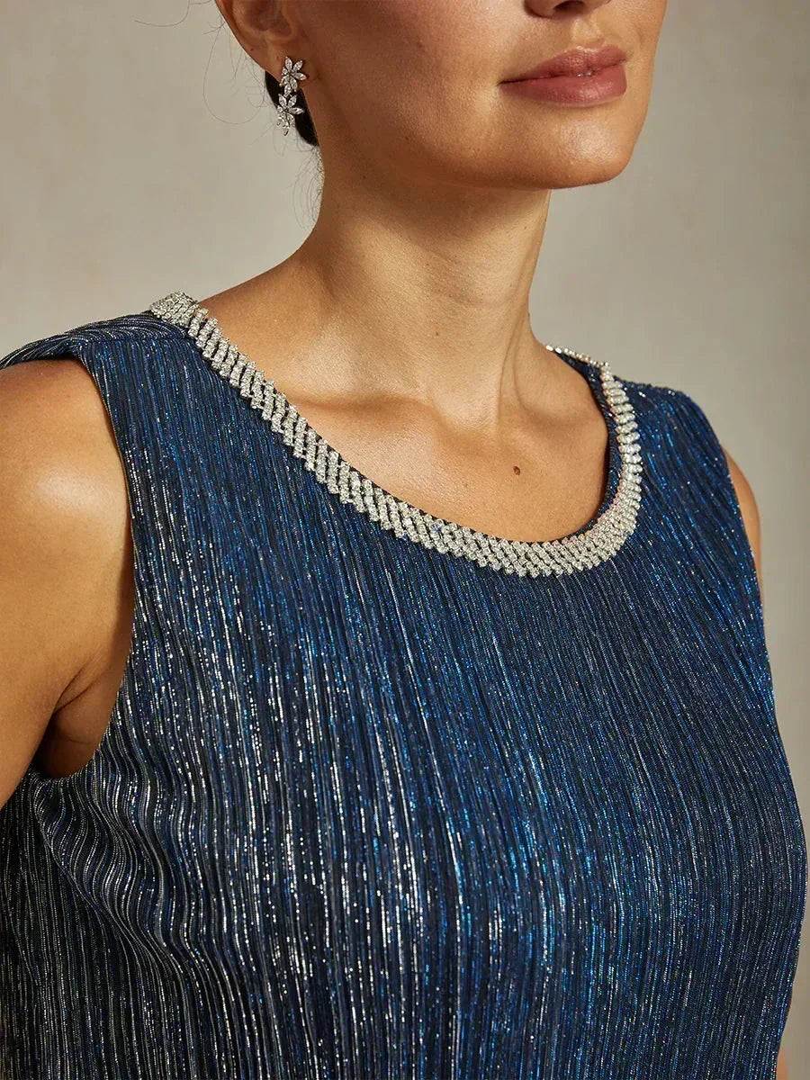 Metallisch Geplooide Chiffon Midi-jurk Met Ronde Hals Afgewerkt Met Kralen