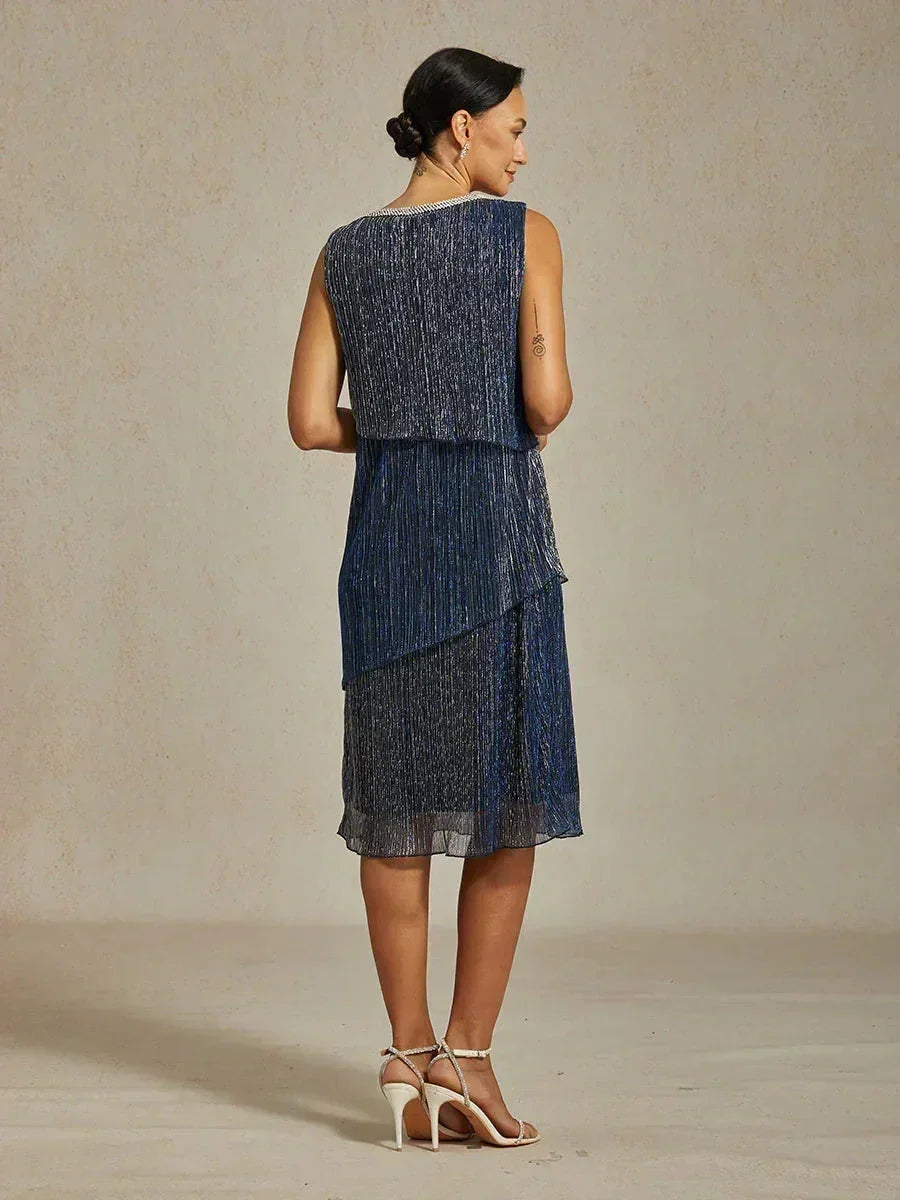 Metallisch Geplooide Chiffon Midi-jurk Met Ronde Hals Afgewerkt Met Kralen