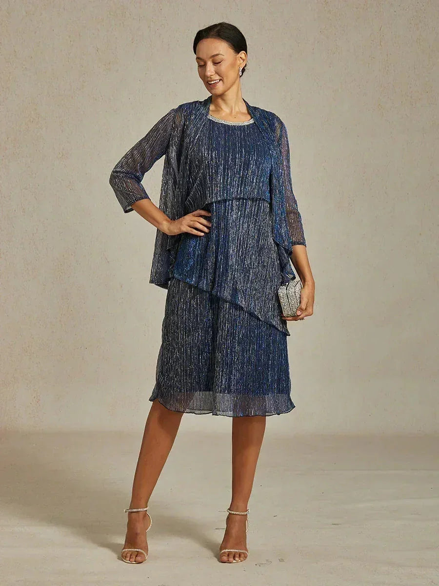 Metallisch Geplooide Chiffon Midi-jurk Met Ronde Hals Afgewerkt Met Kralen