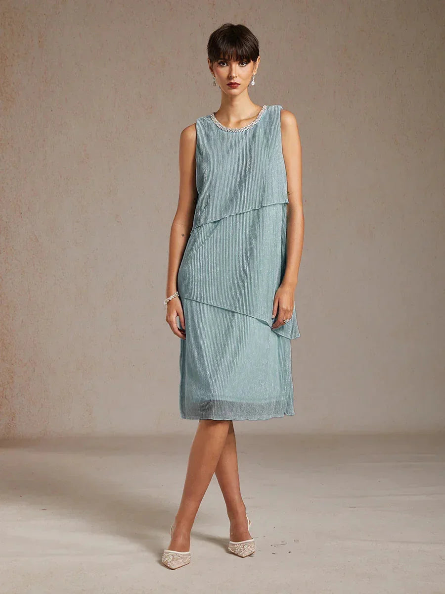 Metallic Geplooide Chiffon Midi-jurk met Kralenversierde Ronde Hals