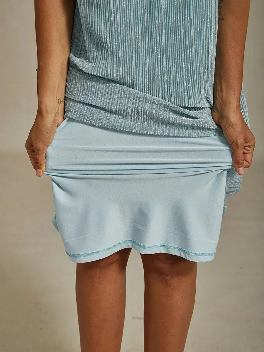 Metallisch Geplooide Chiffon Midi-jurk Met Ronde Hals Afgewerkt Met Kralen