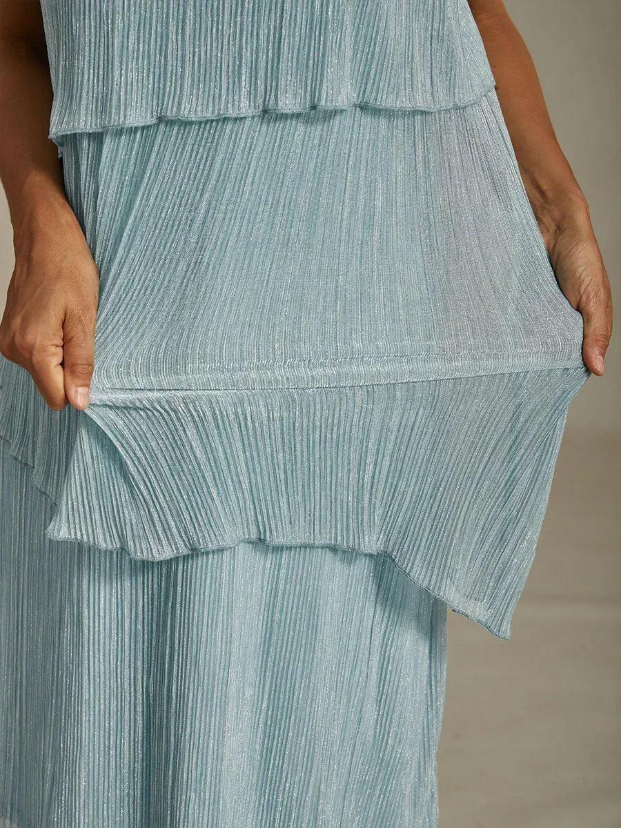 Metallic Geplooide Chiffon Midi-jurk met Kralenversierde Ronde Hals