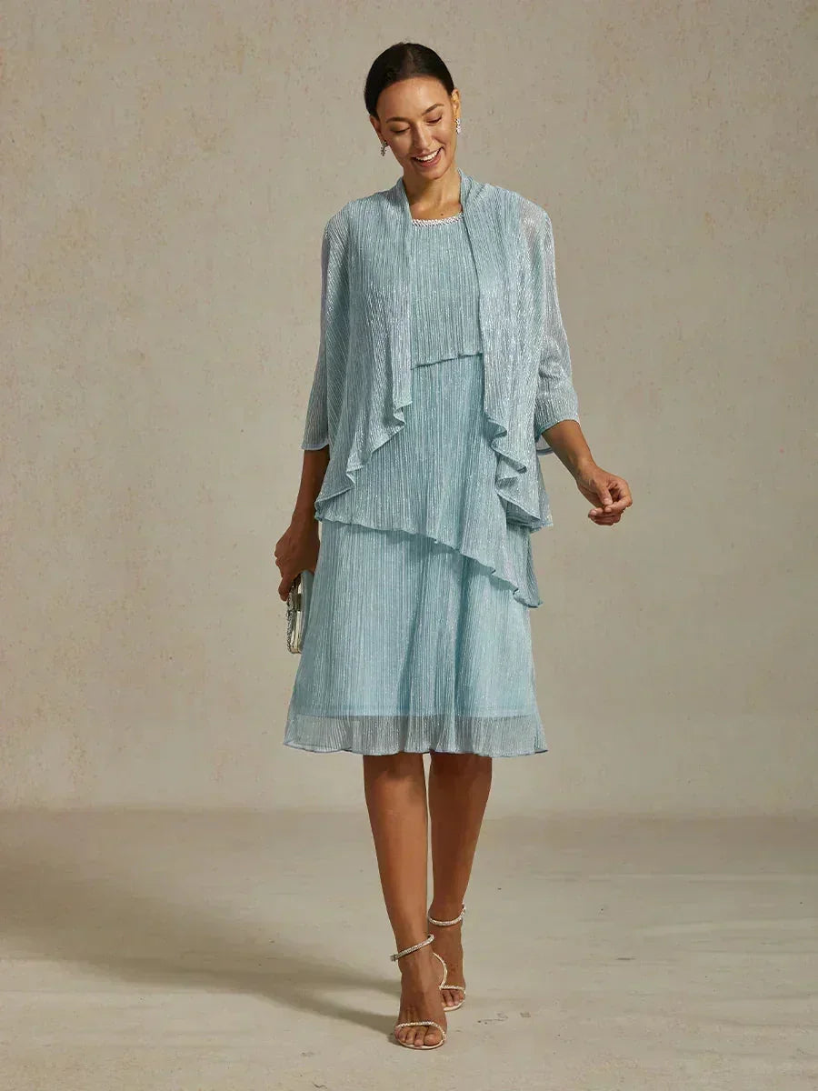 Metallic Geplooide Chiffon Midi-jurk met Kralenversierde Ronde Hals
