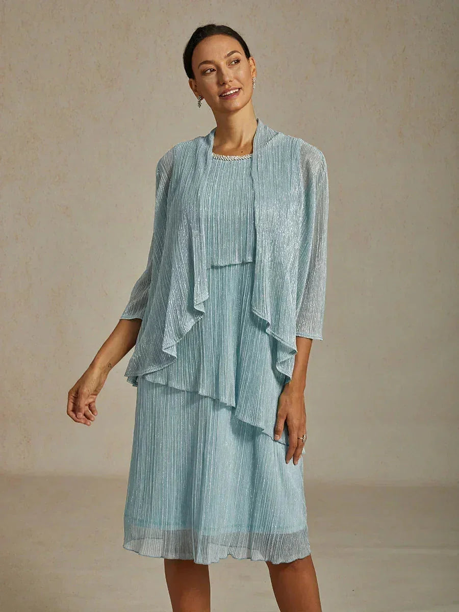 Metallic Geplooide Chiffon Midi-jurk met Kralenversierde Ronde Hals