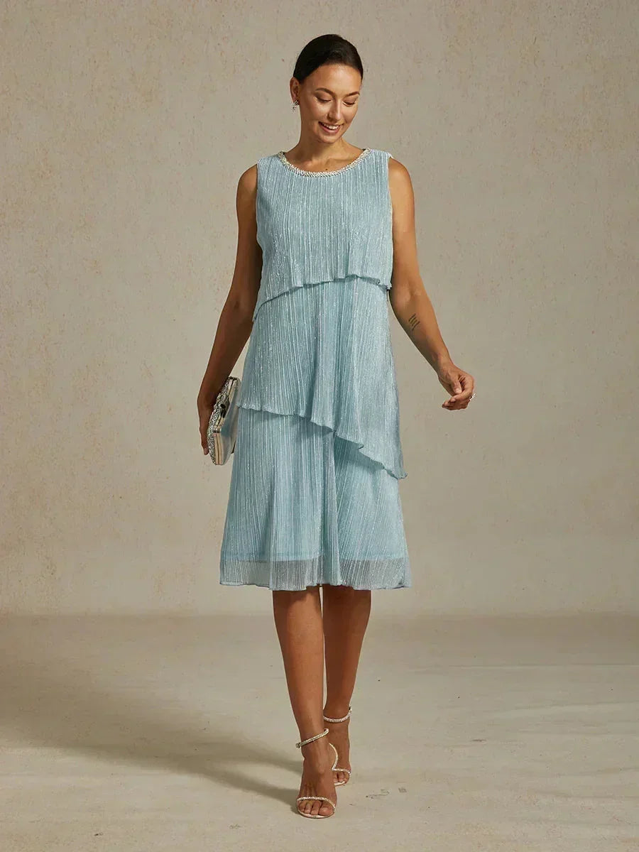 Metallisch Geplooide Chiffon Midi-jurk Met Ronde Hals Afgewerkt Met Kralen