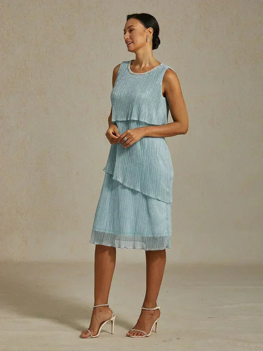 Metallisch Geplooide Chiffon Midi-jurk Met Ronde Hals Afgewerkt Met Kralen