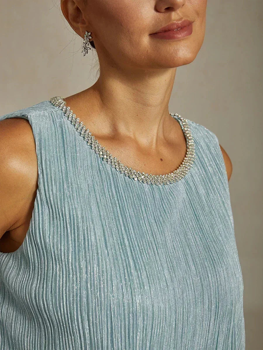 Metallisch Geplooide Chiffon Midi-jurk Met Ronde Hals Afgewerkt Met Kralen