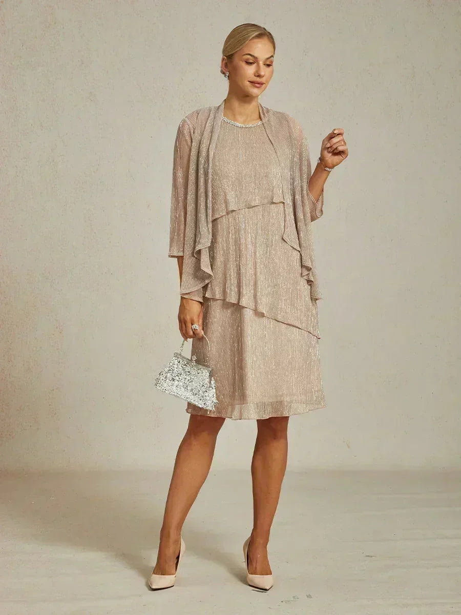 Metallisch Geplooide Chiffon Midi-jurk Met Ronde Hals Afgewerkt Met Kralen