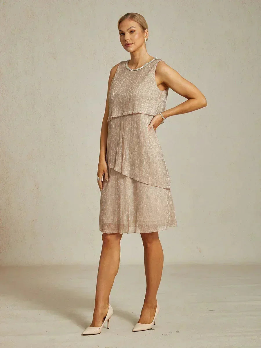 Metallic Pleated Chiffon Midi Dress with Beaded Round Neck