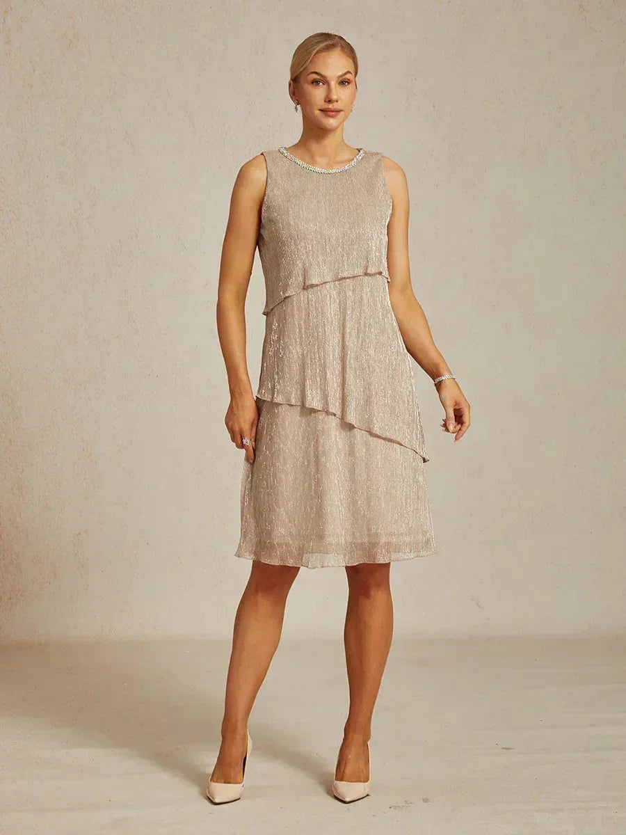 Metallic Geplooide Chiffon Midi-jurk met Kralenversierde Ronde Hals