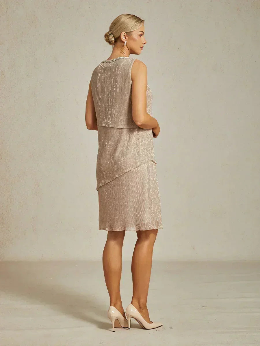 Metallic Geplooide Chiffon Midi-jurk met Kralenversierde Ronde Hals