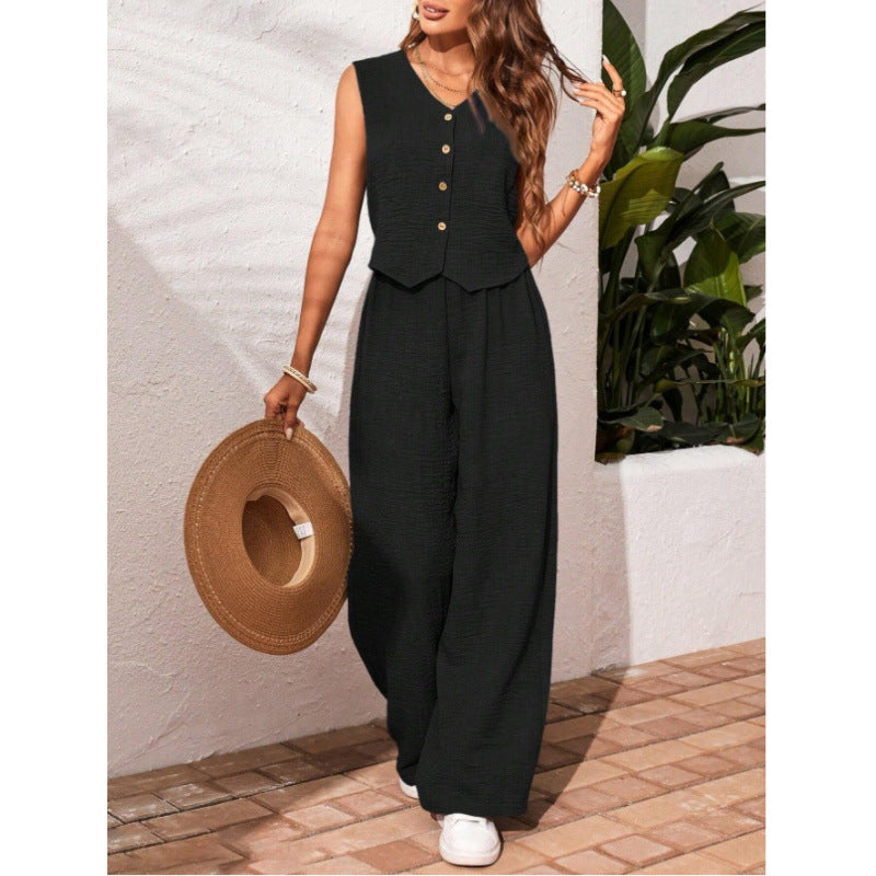 CHARISSA™ – Elegant Sleeveless V-Neck Top and Trousers Set