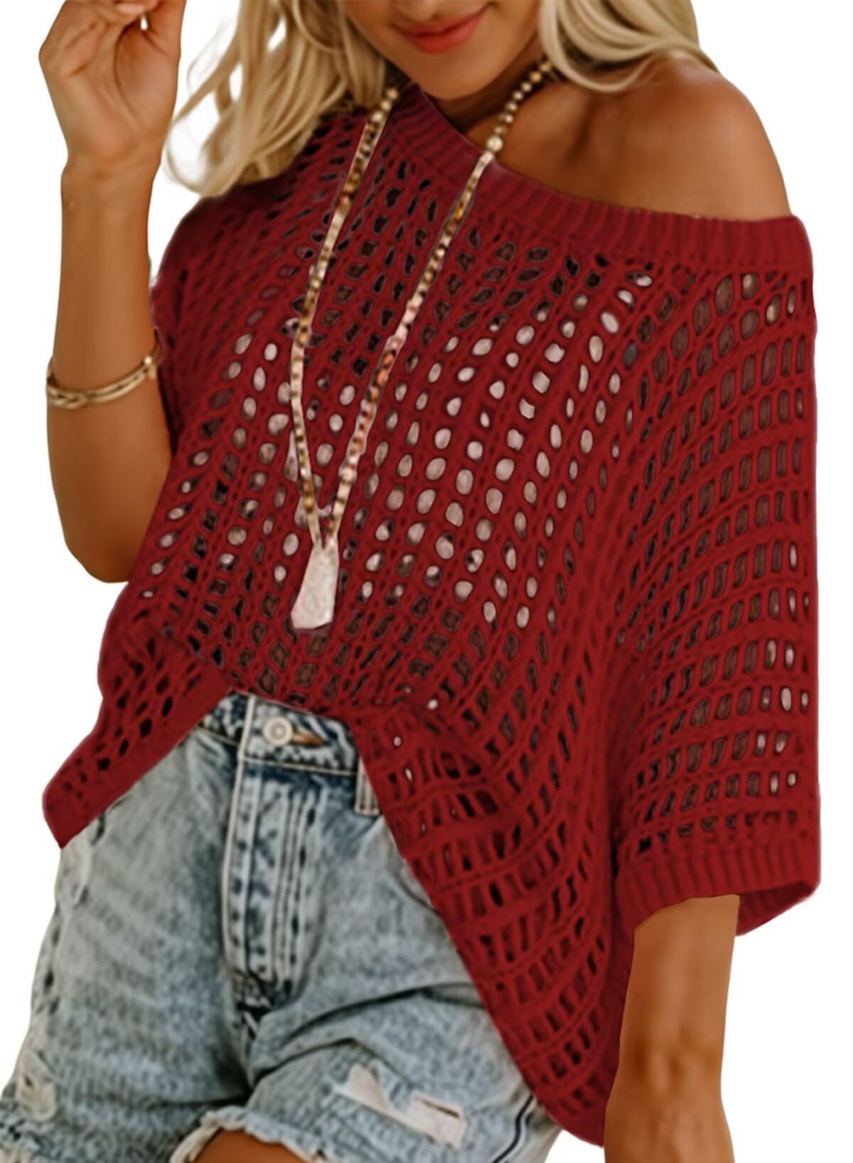Short Sleeve Casual Crochet Knit Tops – Lightweight Summer Knit Crop Top