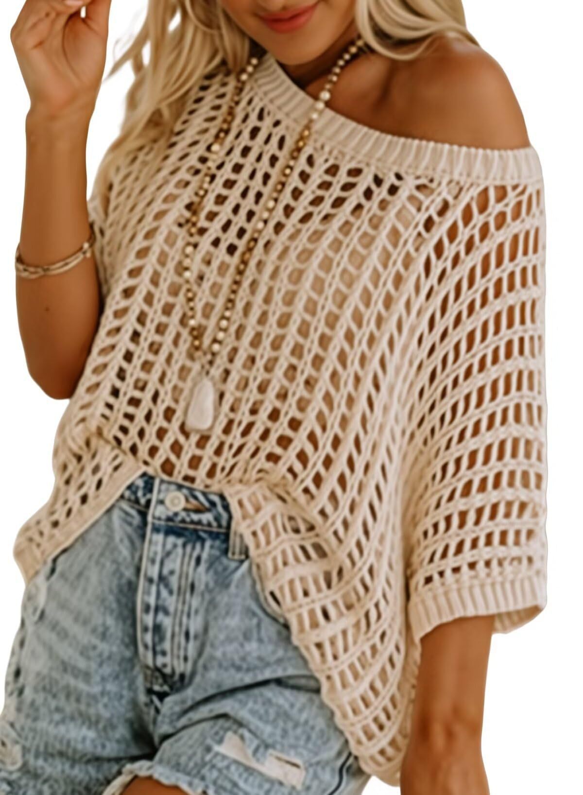 Short Sleeve Casual Crochet Knit Tops – Lightweight Summer Knit Crop Top