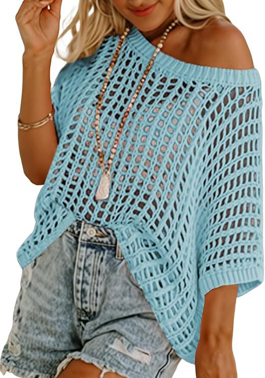 Short Sleeve Casual Crochet Knit Tops – Lightweight Summer Knit Crop Top