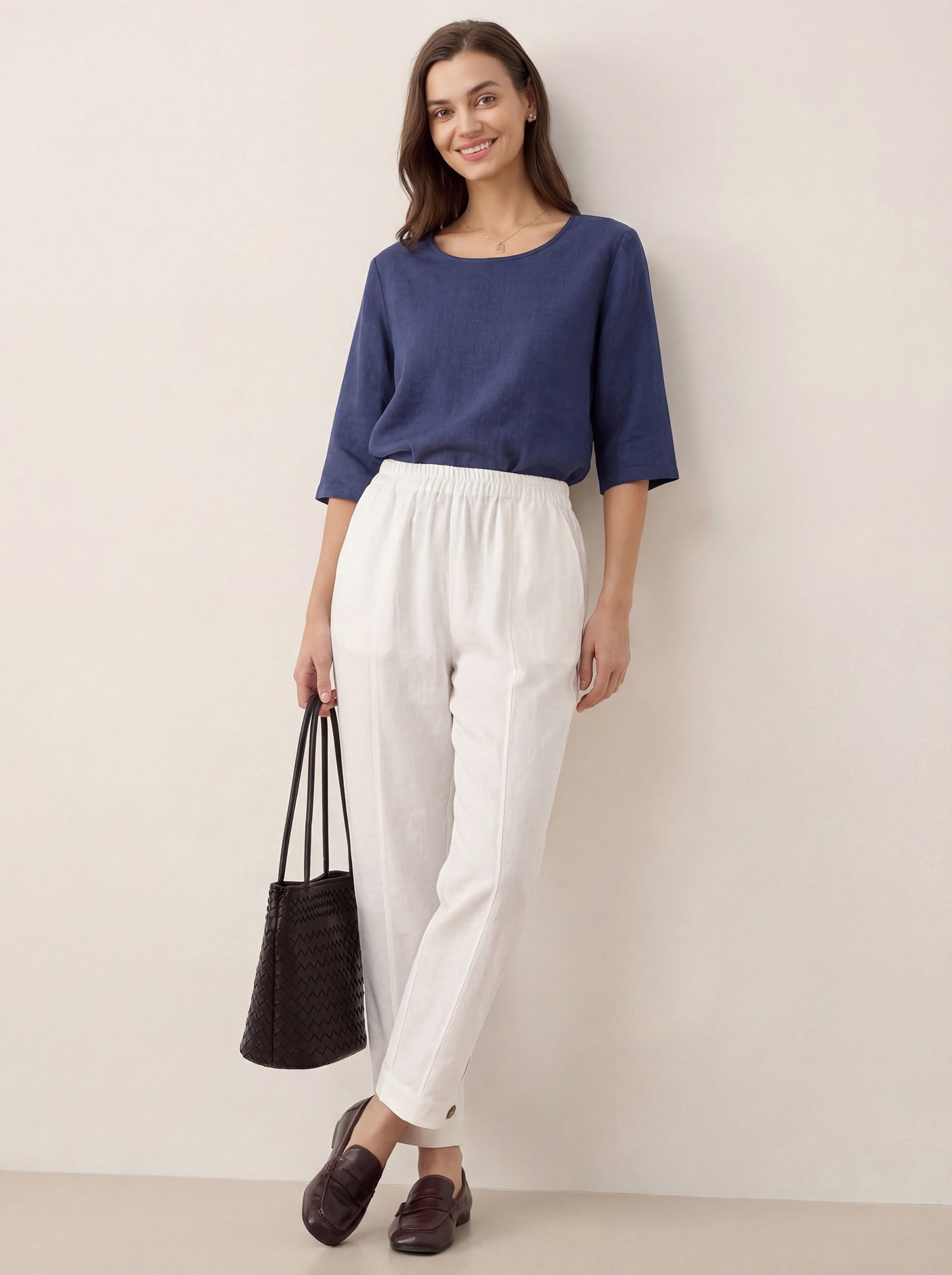 100% Linen Straight-Leg Pants with Elastic Waist PATRICE