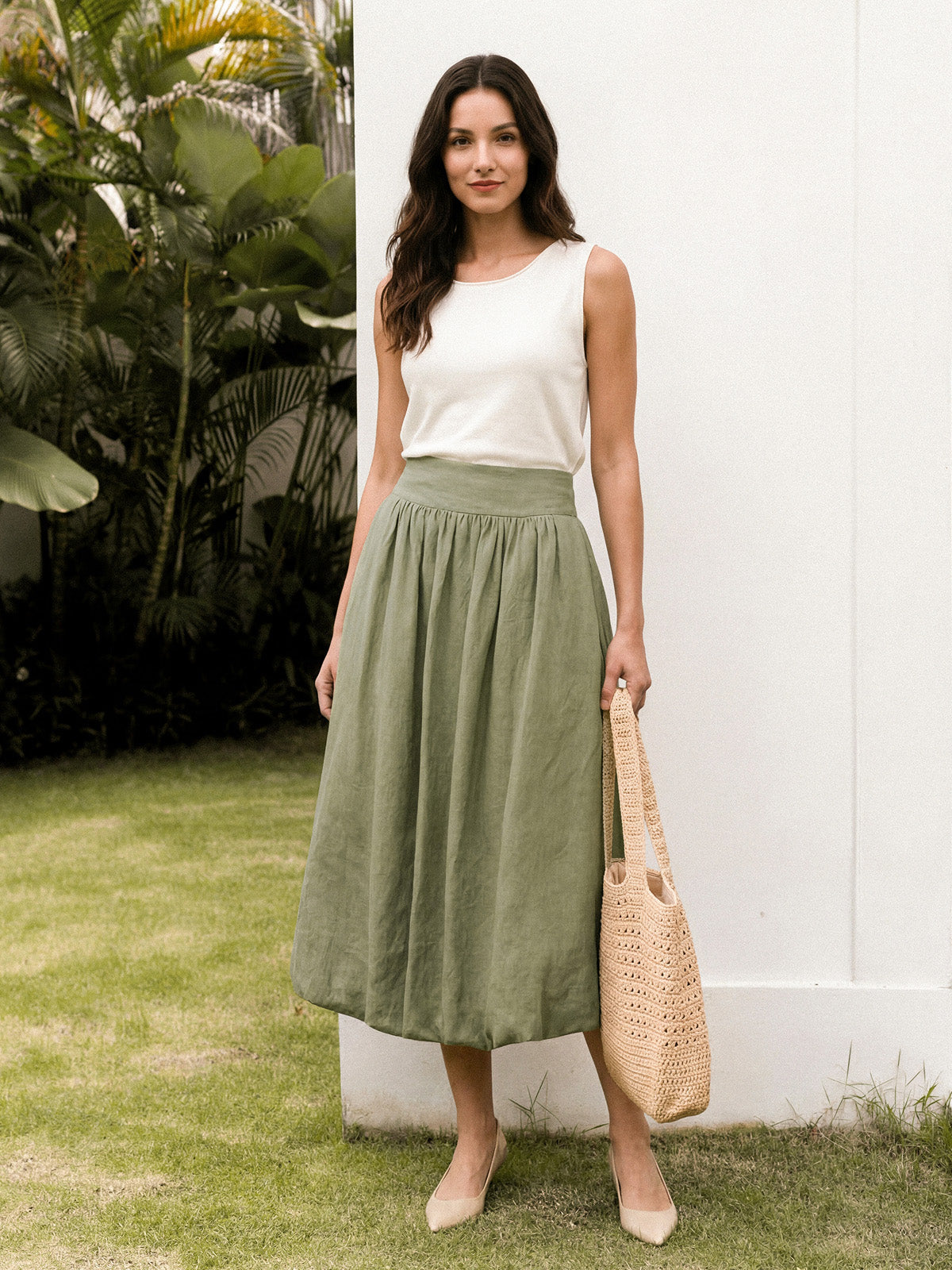 100% Linen Gathered Waist Bubble Hem A-Line Skirt LEONA