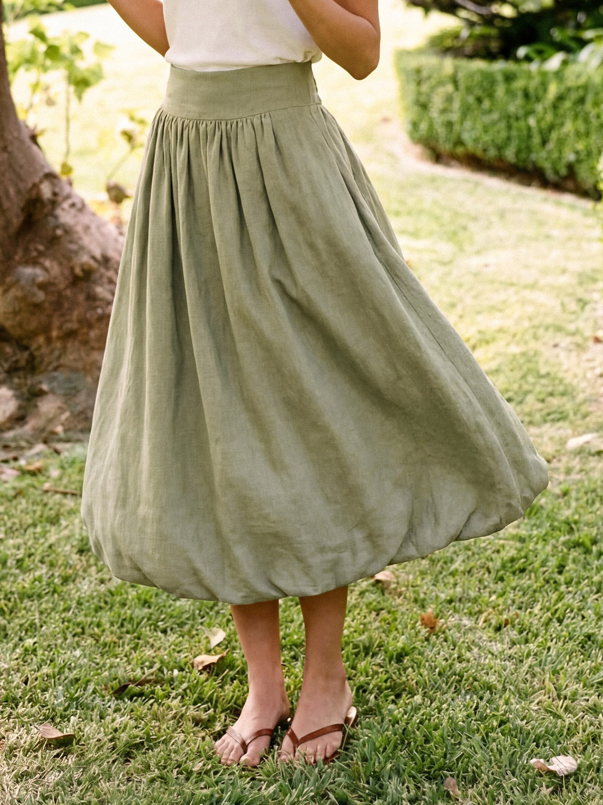 100% Linen Gathered Waist Bubble Hem A-Line Skirt LEONA