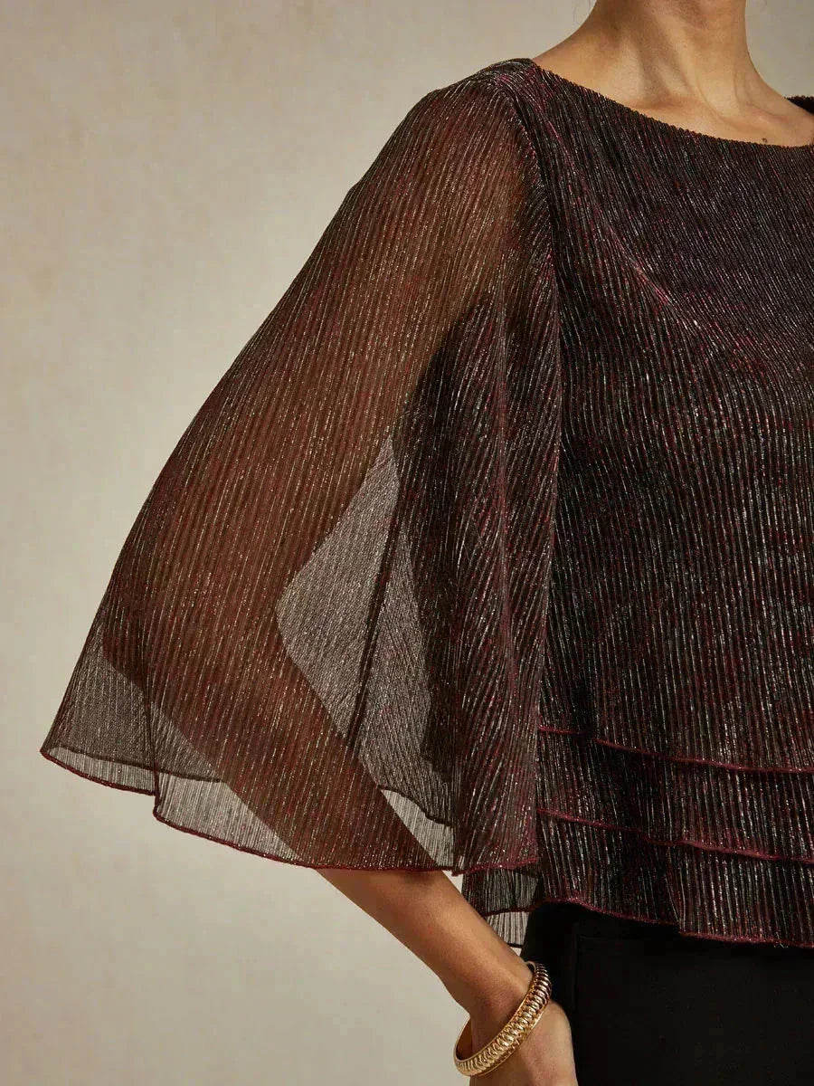 Metallische Geplooide Chiffon Asymmetrische Gelaagde Blouse
