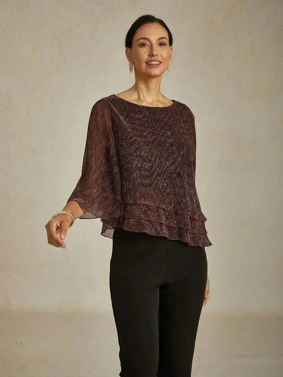 Metallische Geplooide Chiffon Asymmetrische Gelaagde Blouse
