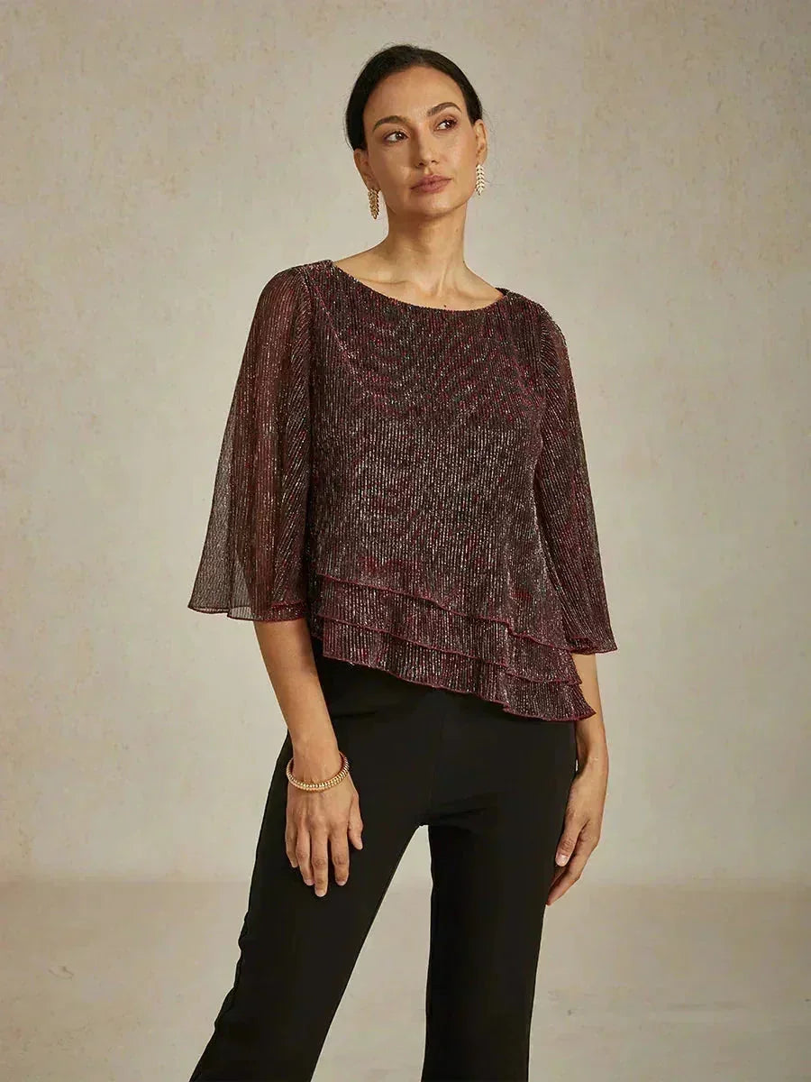 Metallische Geplooide Chiffon Asymmetrische Gelaagde Blouse