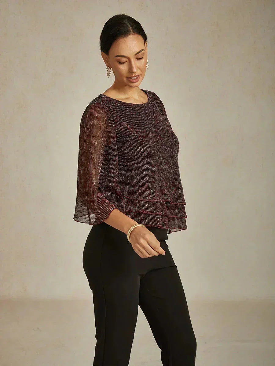 Metallic Geplooide Chiffon Asymmetrische Gelaagde Blouse