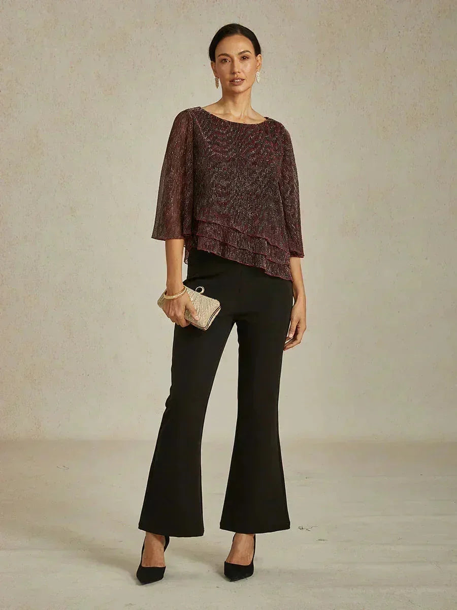 Metallic Geplooide Chiffon Asymmetrische Gelaagde Blouse
