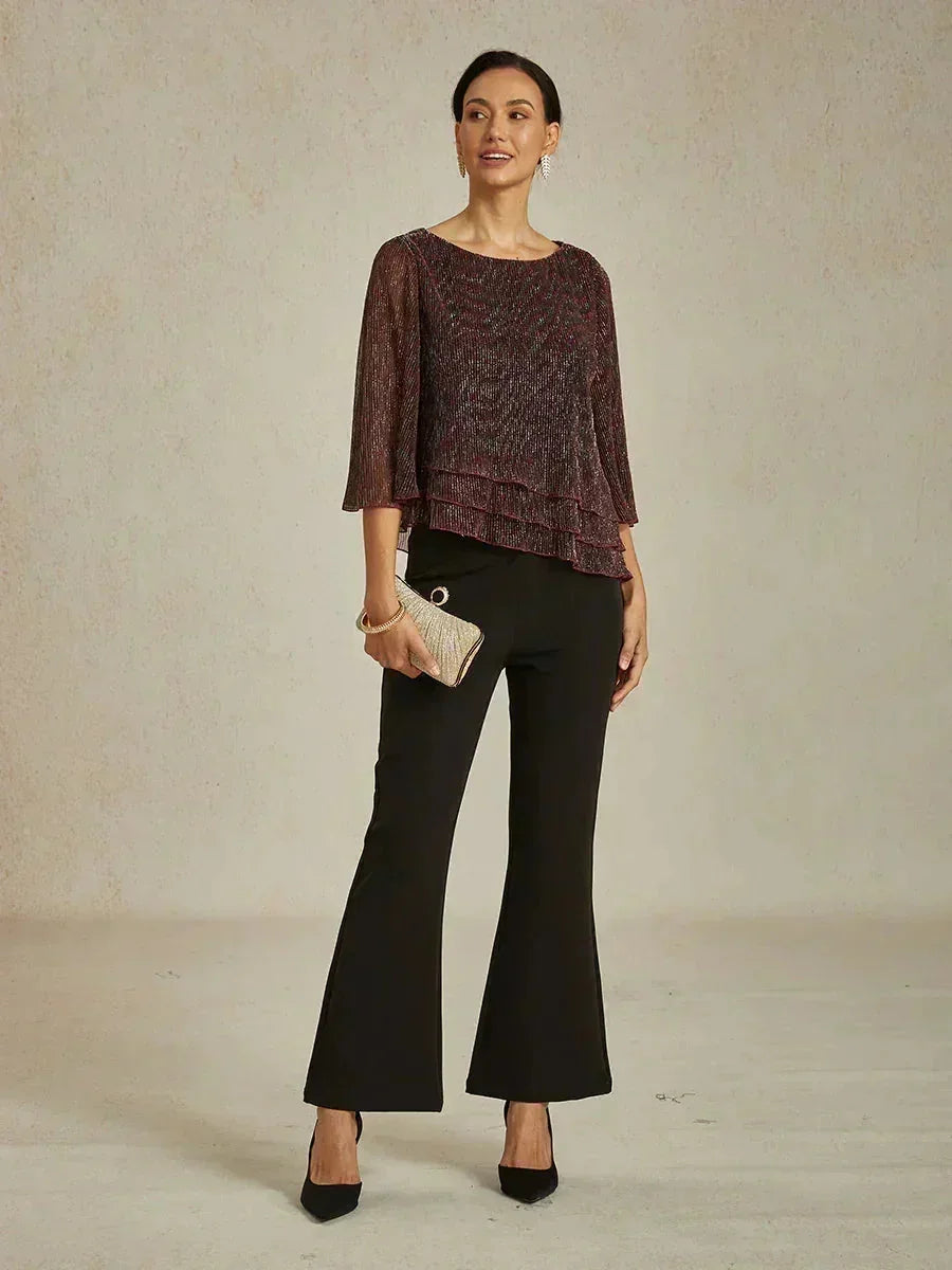 Metallic Geplooide Chiffon Asymmetrische Gelaagde Blouse
