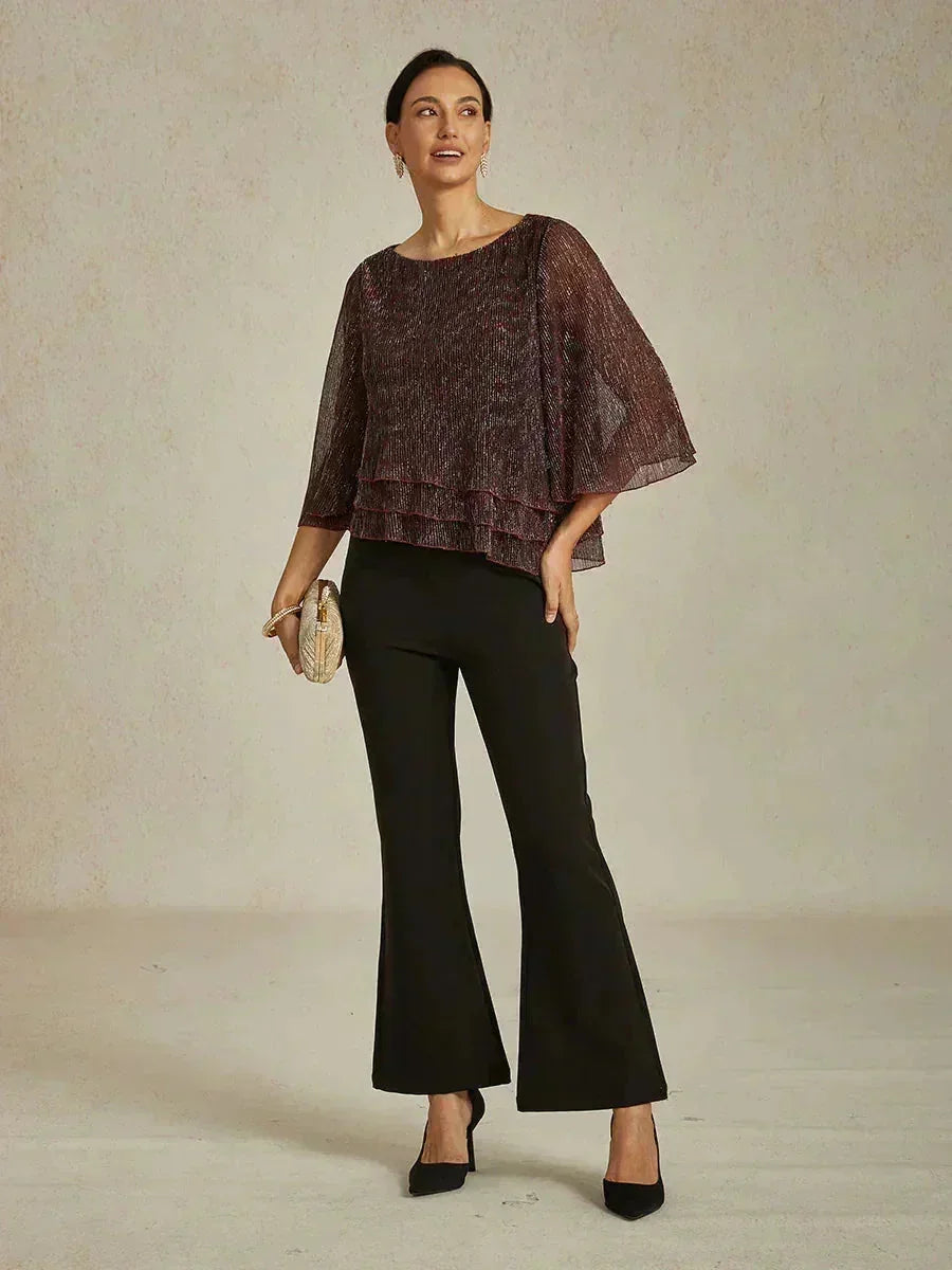 Metallisch Geplooide Chiffon Asymmetrische Gelaagde Blouse