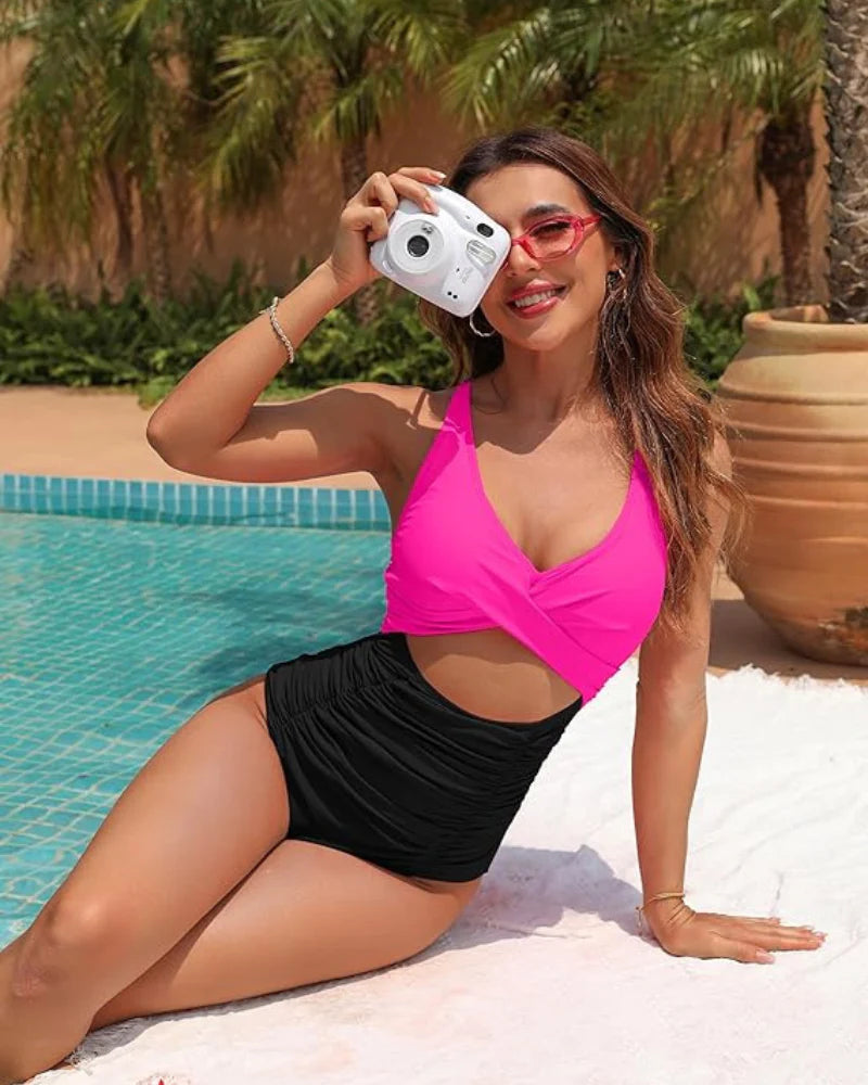 Maclair & Co. - Womens One Piece Swimsuits Push Up Tummy Control Bathing Suits V Neck Cutout Modest Swimwear