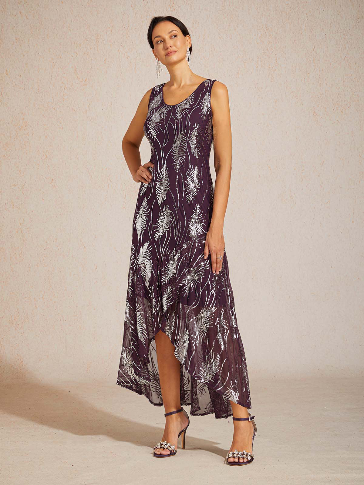 Sleeveless A-Line Maxi Dress with Mesh Sequin