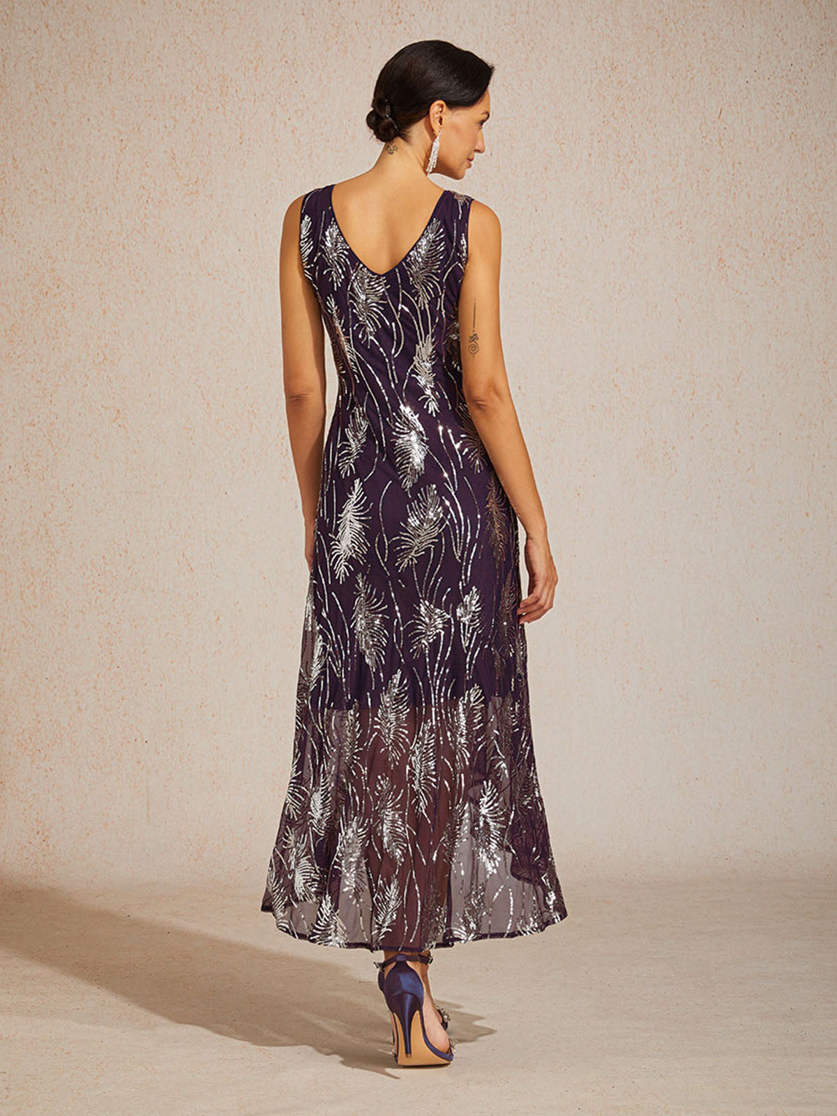 Sleeveless A-Line Maxi Dress with Mesh Sequin