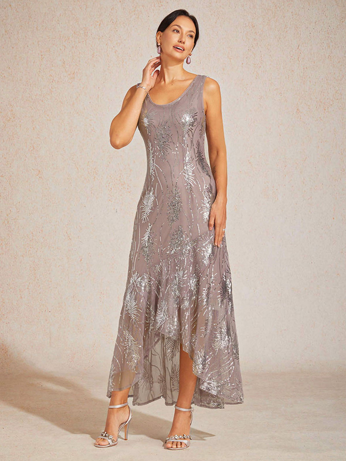 Sleeveless A-Line Maxi Dress with Mesh Sequin