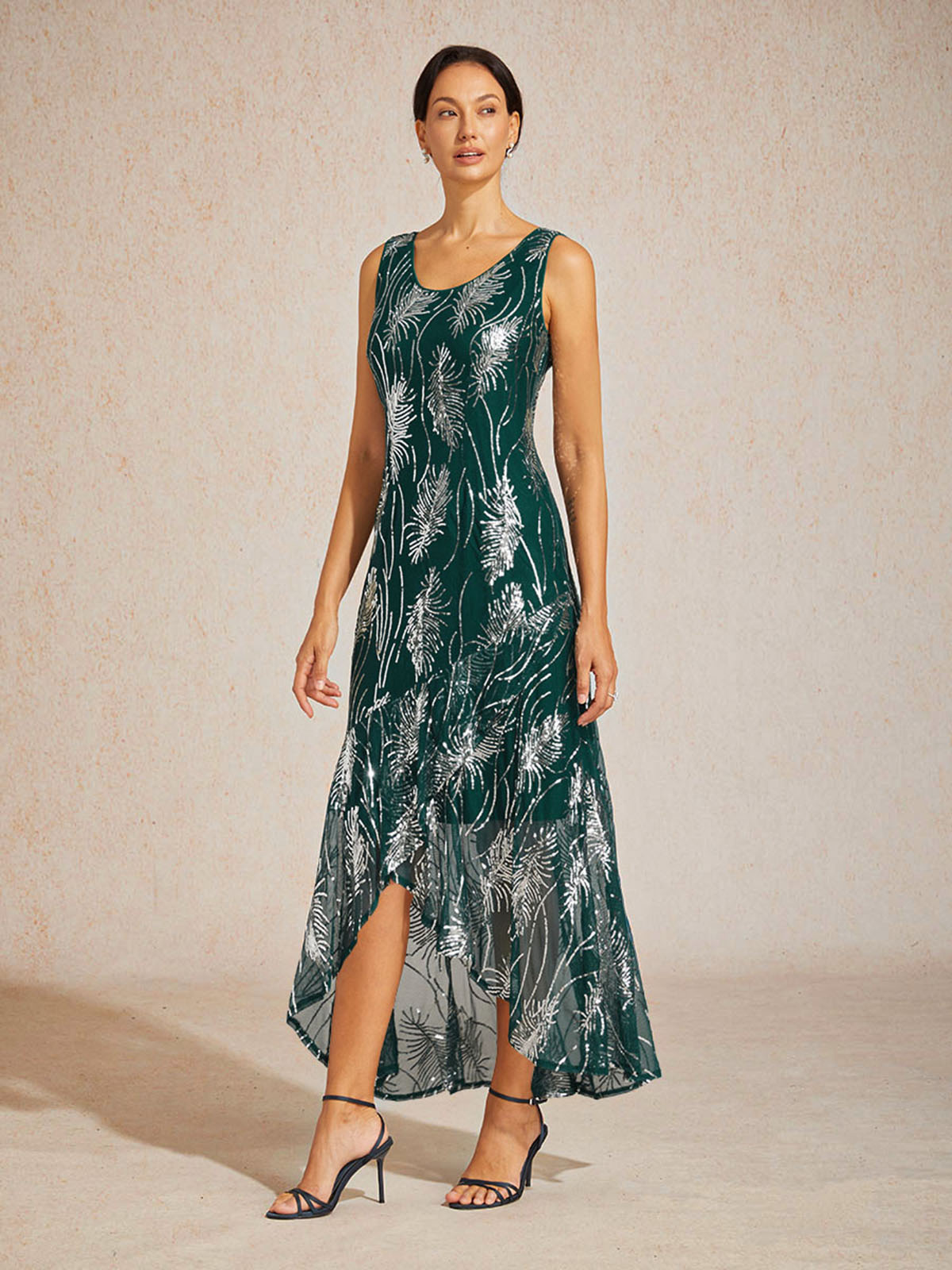Sleeveless A-Line Maxi Dress with Mesh Sequin