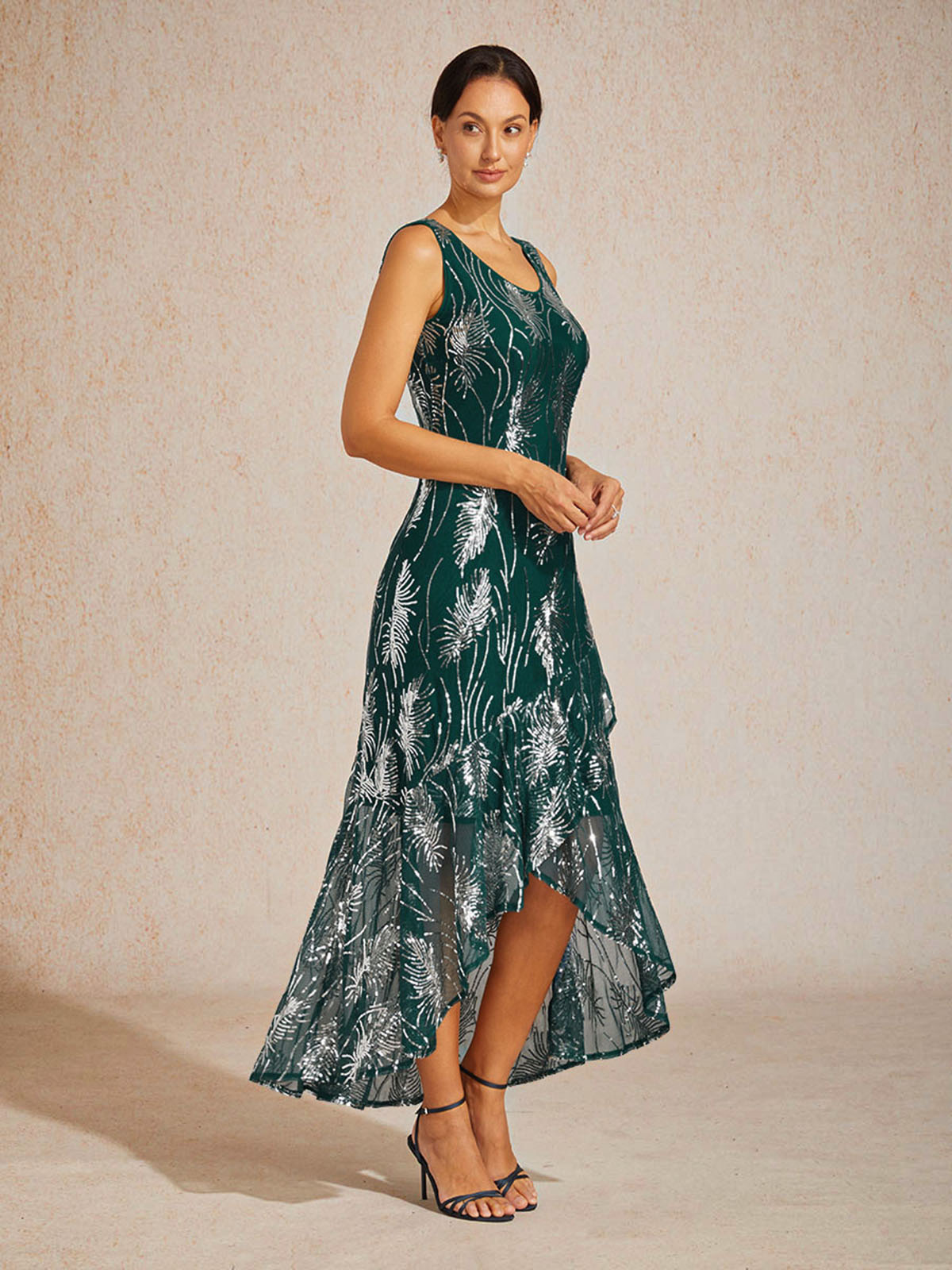 Sleeveless A-Line Maxi Dress with Mesh Sequin