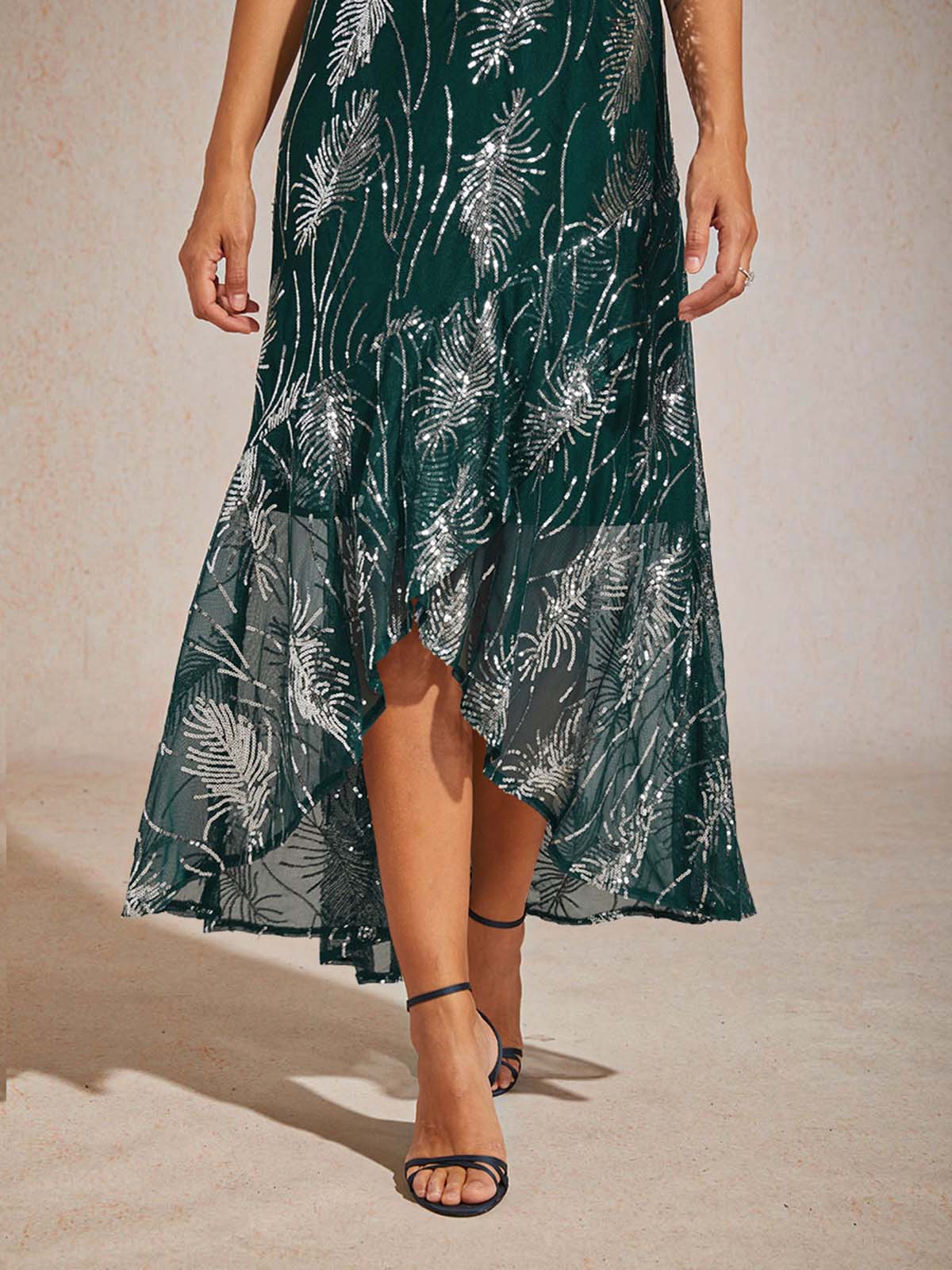 Sleeveless A-Line Maxi Dress with Mesh Sequin