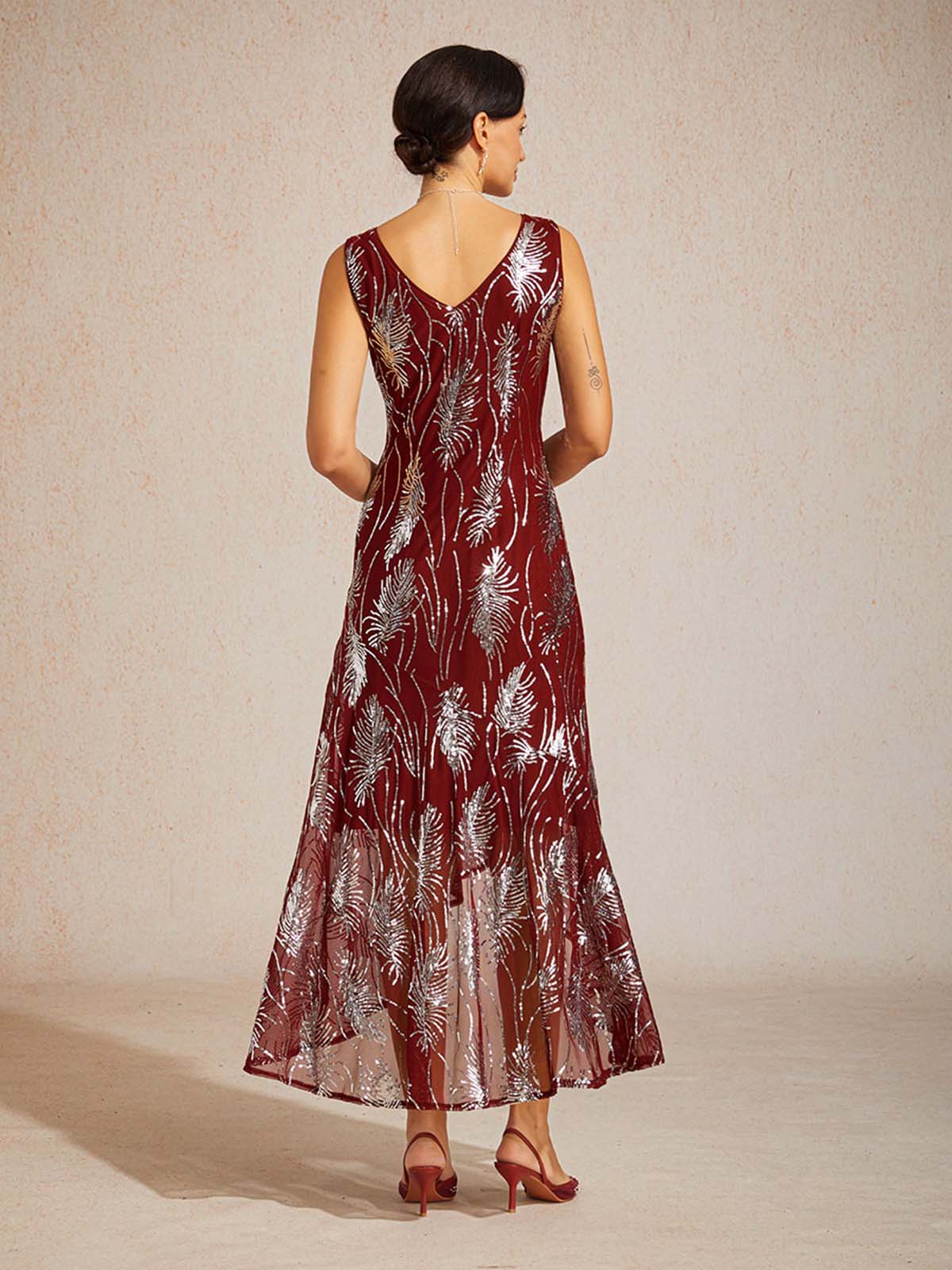 Sleeveless A-Line Maxi Dress with Mesh Sequin