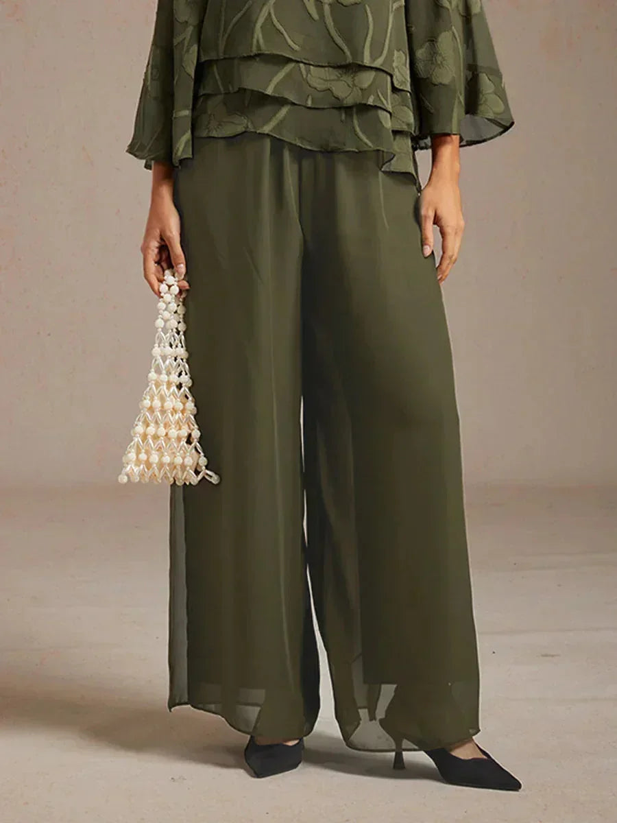 Rechte broek met chiffon split been overlay