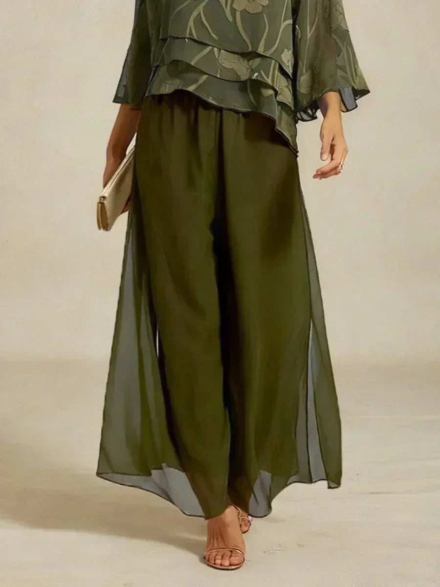 Rechte broek met chiffon split been overlay