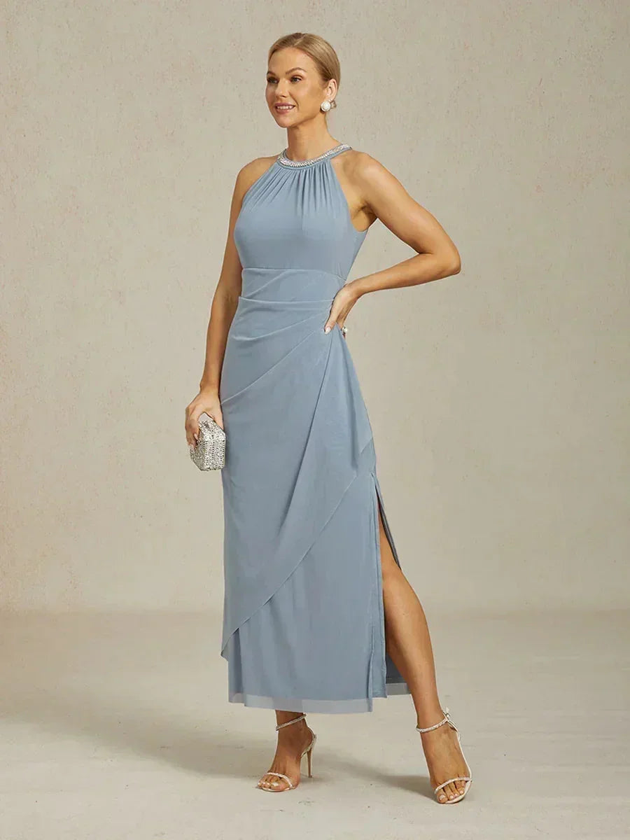 Elegante Maxi-jurk met Halter, Kralen en Ruches