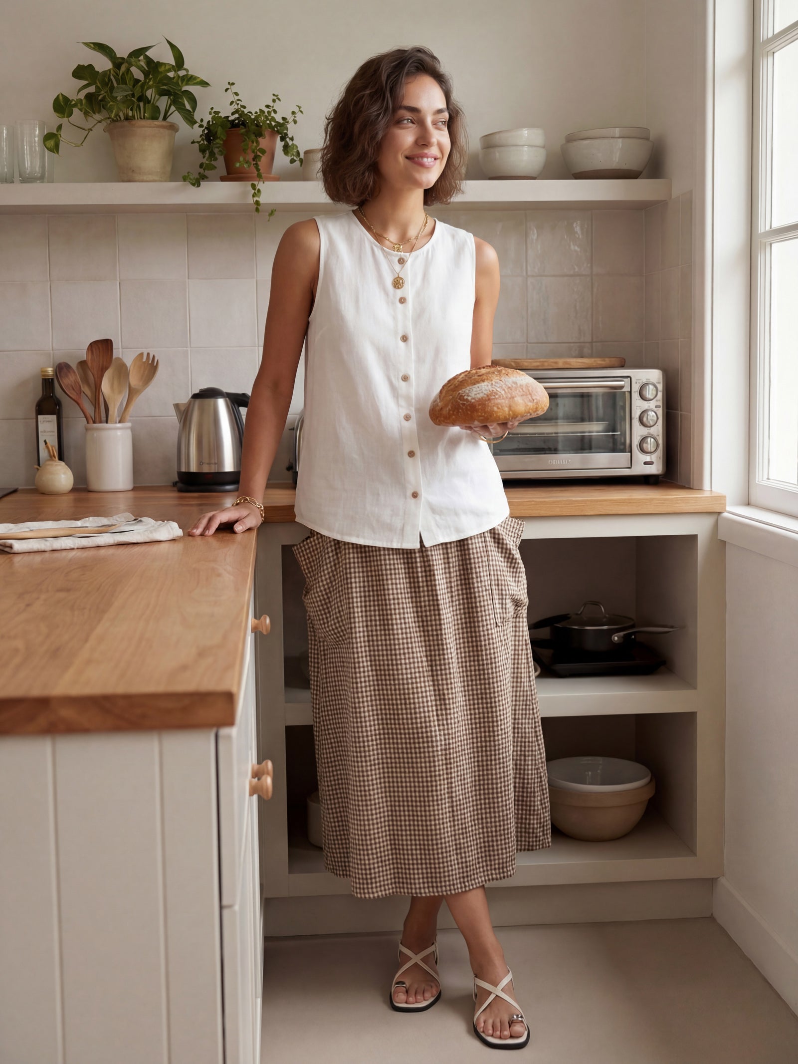 Linen Checked Elastic Waist Skirt ONYX