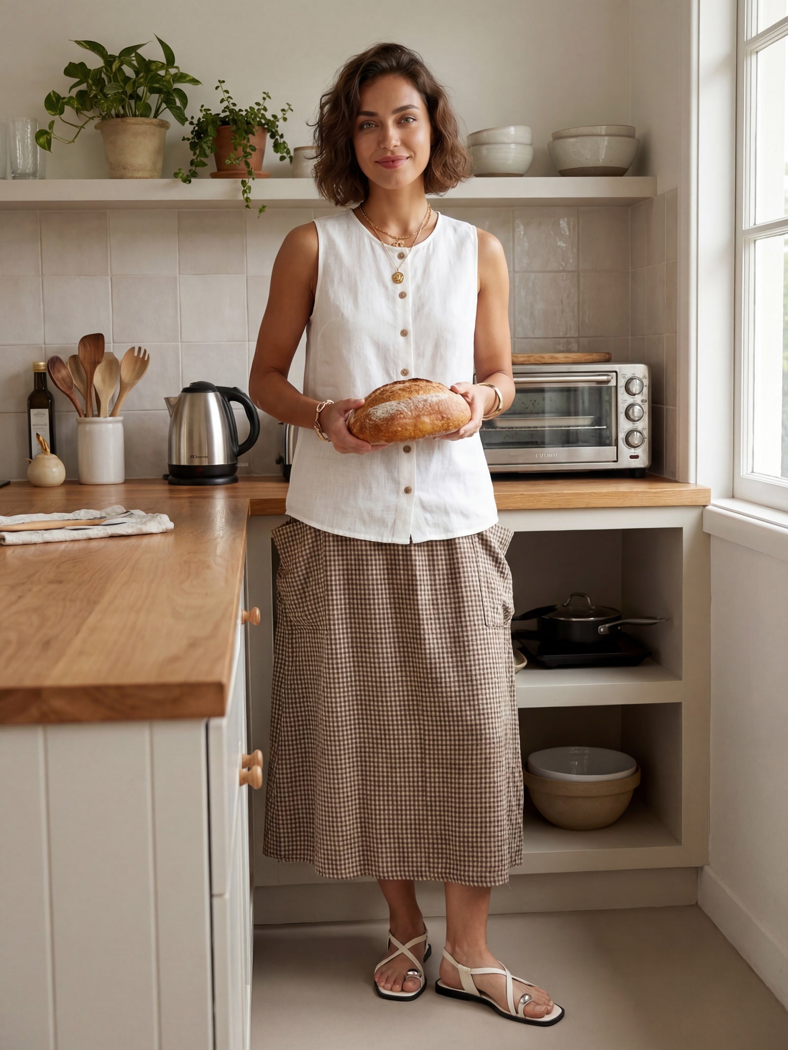 Linen Checked Elastic Waist Skirt ONYX