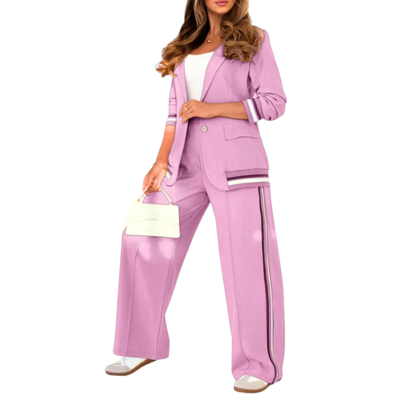 SUZETTE™ – Elegant Patchwork Lapel Neck Top and Elastic Waist Trouser Set