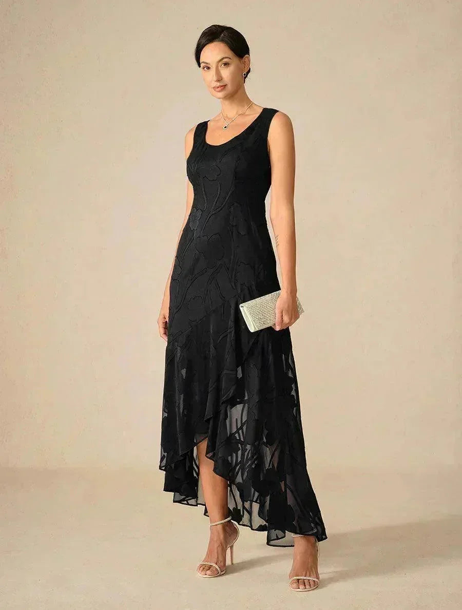 Chiffon Mouwloze Avondjurk Met Bloemenprint En Asymmetrische Zoom
