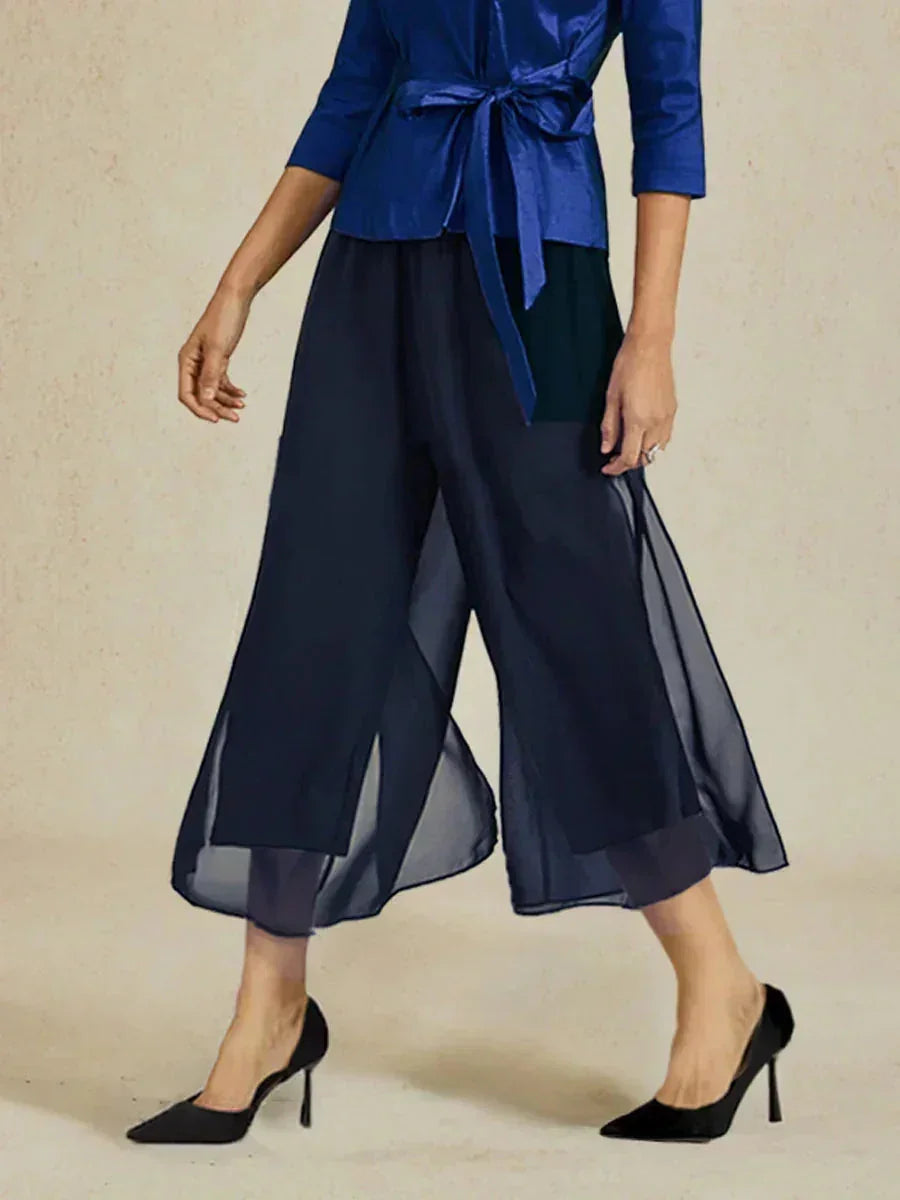 Kortvallende Rechte Broek Met Chiffon Splitpijp-Overlaag