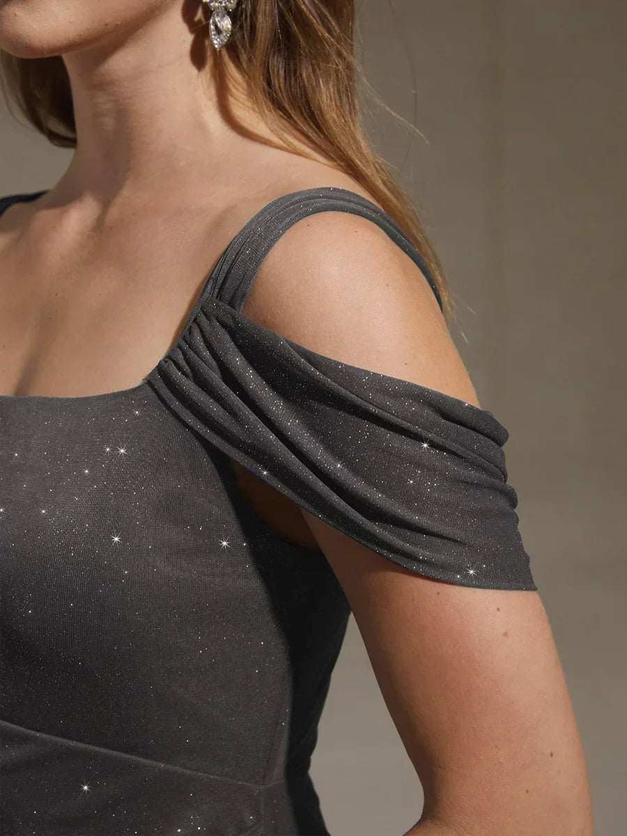 Ankle-Length Cold Shoulder Glitter Mesh Dress