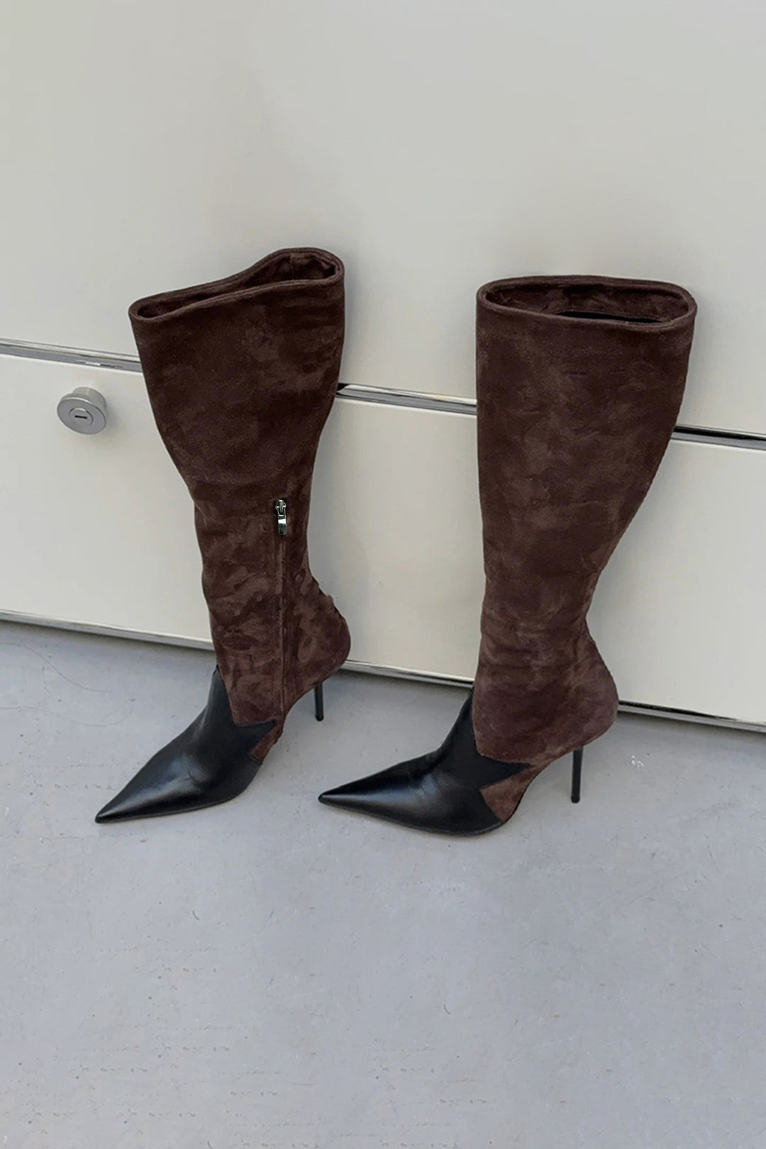 Leather Patchwork Side Zipper Pointed High Heel Over The Knee Boots