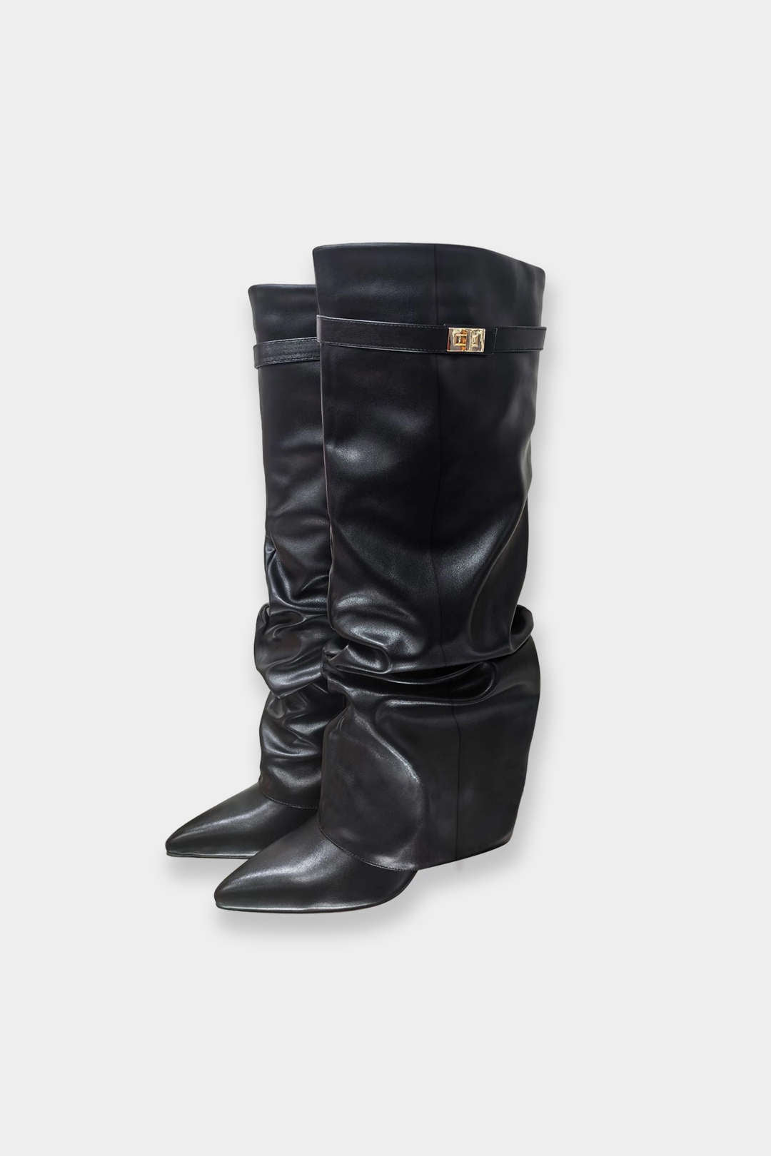 Leather Ruched Pointed Knee High Boots